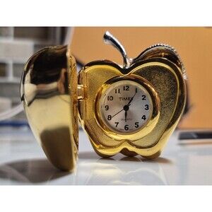 Vintage "Timex" Gold Tone Apple Mini Clock Battery Quartz Analog. New Battery